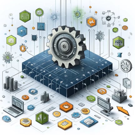 DALL·E 2024-05-20 09.21.32 - An illustration focused on the integration of multiple processes without using gears. The image features a central hub represented by a computer scree