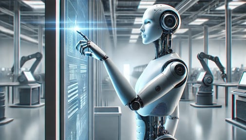 DALL·E 2024-06-27 11.10.10 - A dynamic, half-body portrait of an AI robot in a minimalistic factory setting, captured in an engaging pose. The robot, sleek and metallic, is shown